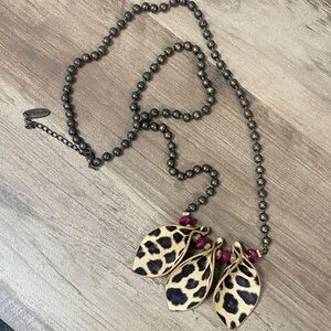 Plunder Leopard Print Leaf Necklace with Ruby Beads